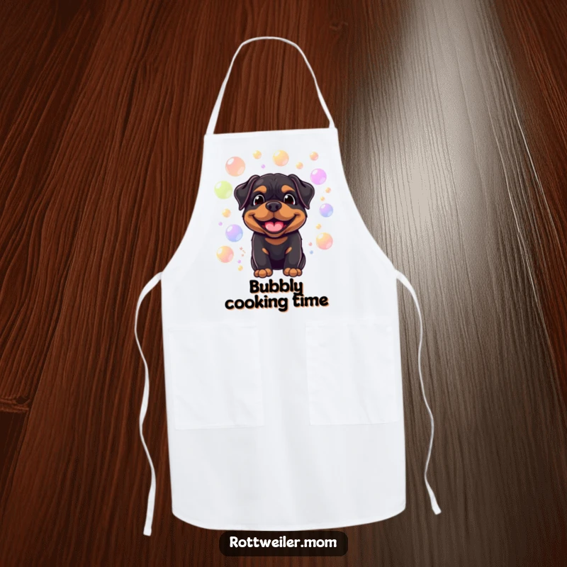 Funny apron with a smiling Rottweiler surrounded by floating, colorful bubbles, perfect for cheerful kitchen fun with canine charm.