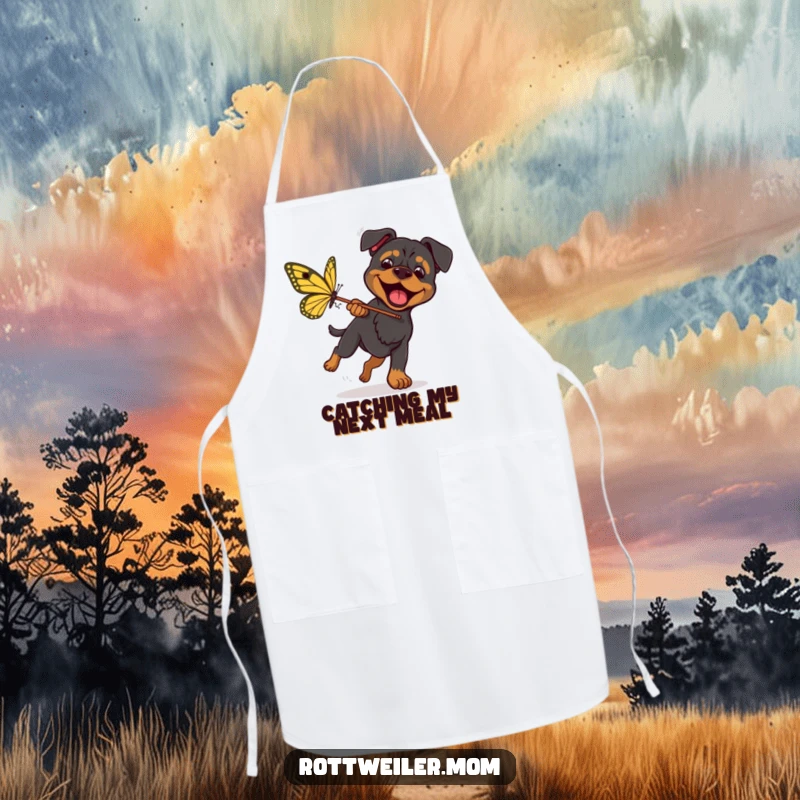 Funny Rottweiler Butterfly Chase Apron shows an excited dog with a Net, chasing a giant butterfly, ready for humorous culinary adventures.