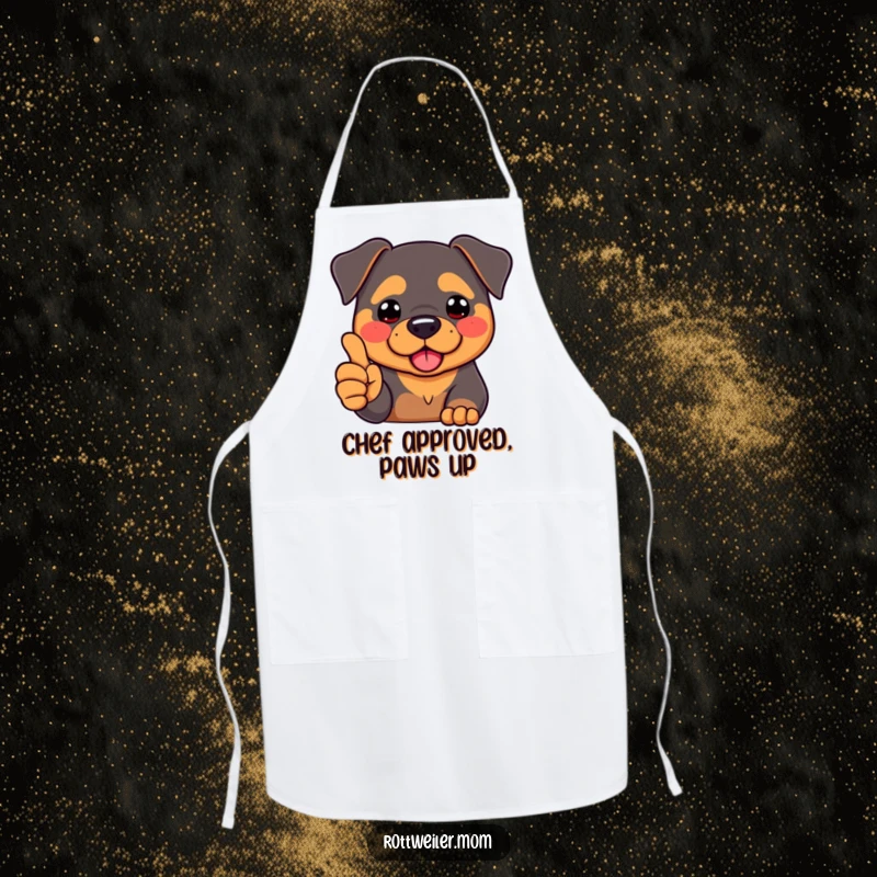 Funny Kawaii Rottweiler with rosy cheeks, wearing an apron and giving a thumbs-up, adding humor to cooking.