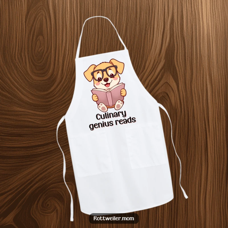 Funny apron with a dog wearing glasses, smiling while reading a book, adding literary humor to kitchen activities.