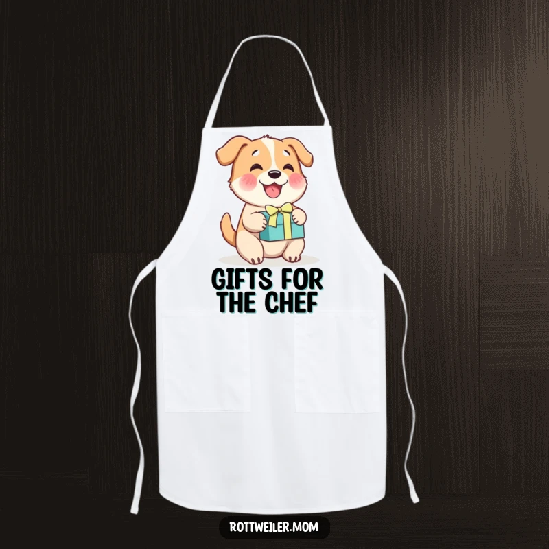 Funny cheerful dog apron, a happy dog wagging its tail with a gift box, perfect for kitchen fun.