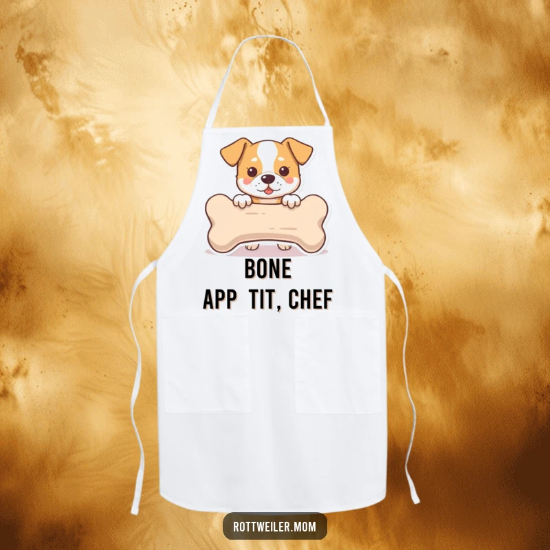 Funny Apron: A dog peeking with excitement from behind a large bone, ready to assist in the kitchen with a smile.