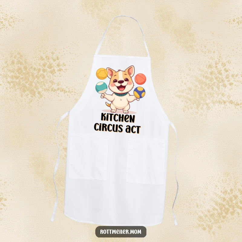 Funny apron with a dog showing a playful expression while juggling three colorful balls, great for kitchen fun.