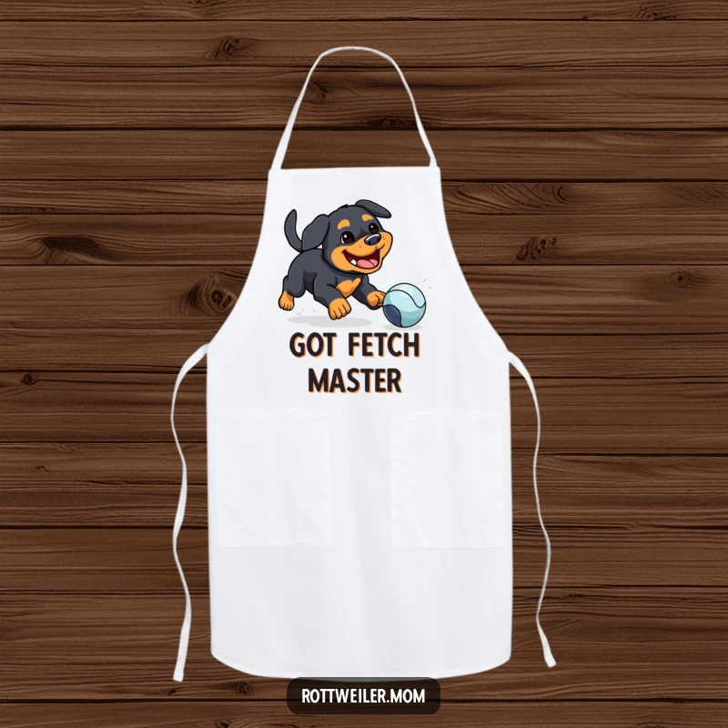 Funny apron with a kawaii Rottweiler wearing a silly grin while chasing a ball, perfect for a humorous cooking experience.