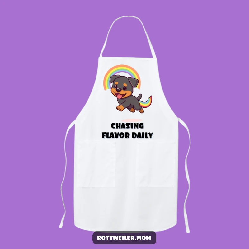 Funny Kawaii Rottweiler Apron: Rainbow Tail Chase, Kitchen Fun Gift