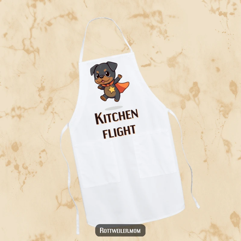 Funny Kawaii Rottweiler Apron showing a cute dog in a superhero cape flying a short distance, ready for kitchen adventures.