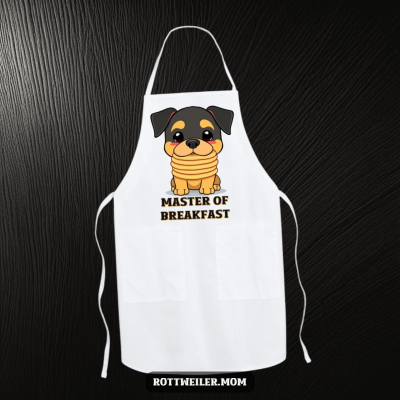 Funny Kawaii Rottweiler Apron showing a dog masterfully balancing a tall stack of pancakes on its nose while cooking.