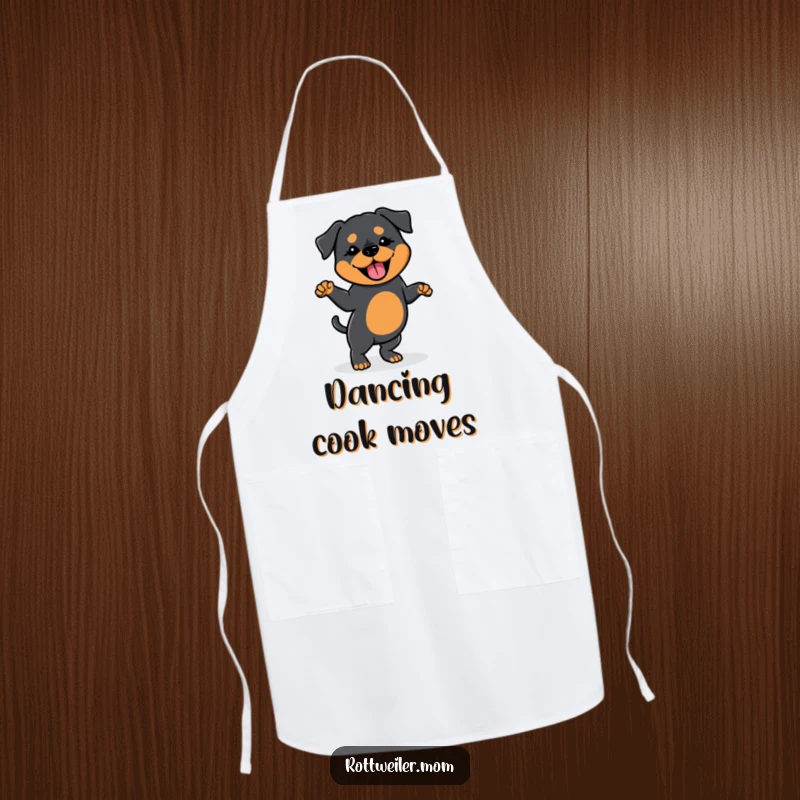 Funny apron with a Kawaii Rottweiler doing a silly dance, tail wagging, perfect for kitchen fun with canine charm and humor.