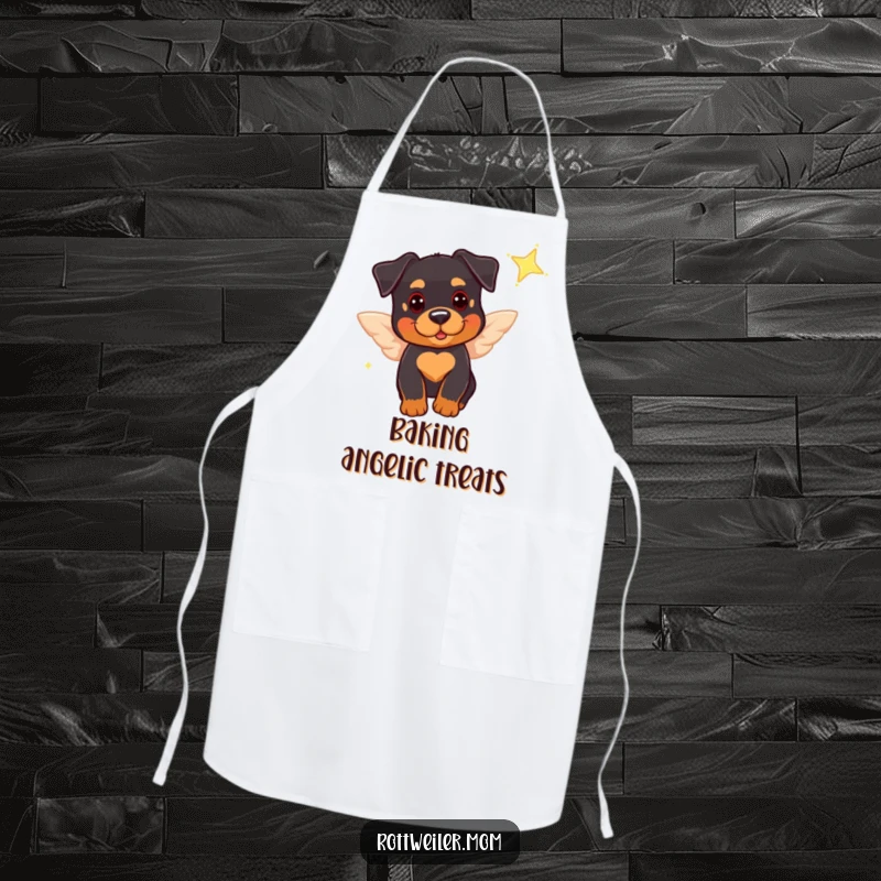 Funny apron featuring a cute Rottweiler with tiny wings, playfully near a sparkling star, perfect for cooking with canine charm and humor.