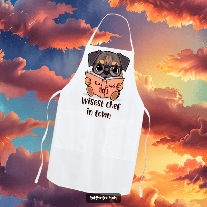 Funny apron with a spectacle-wearing Rottweiler reading a large book titled Barking 101 while in the kitchen.