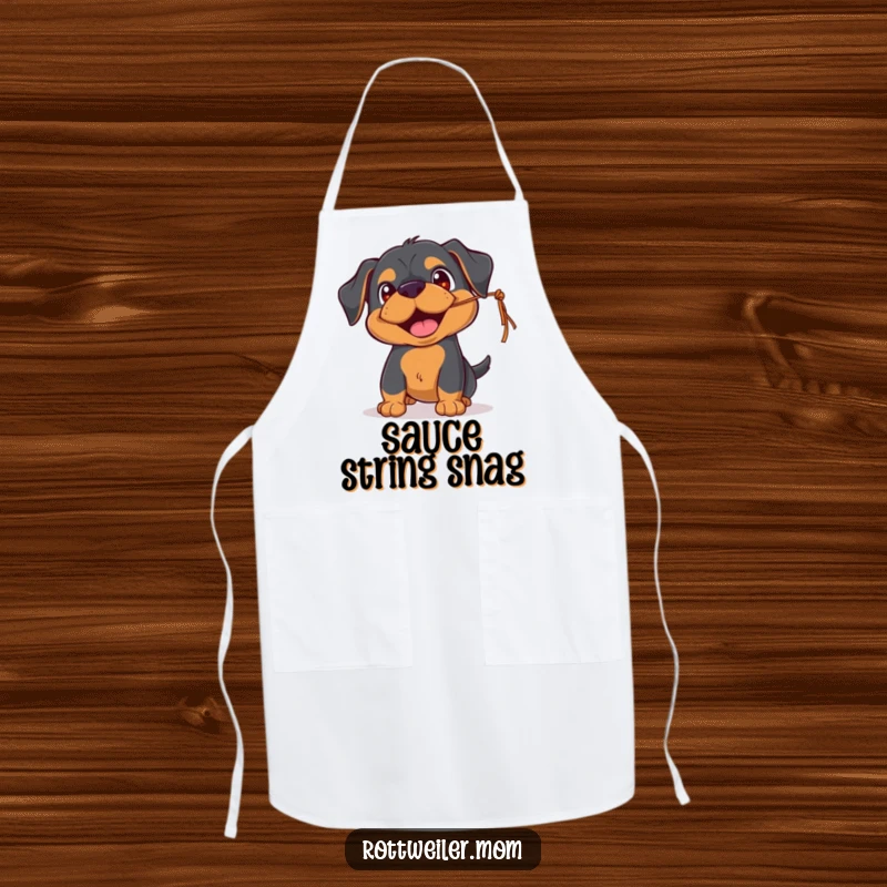 Funny Rottweiler apron showing a playful pup with happy eyes, batting at a dangling string, perfect for a fun kitchen experience.