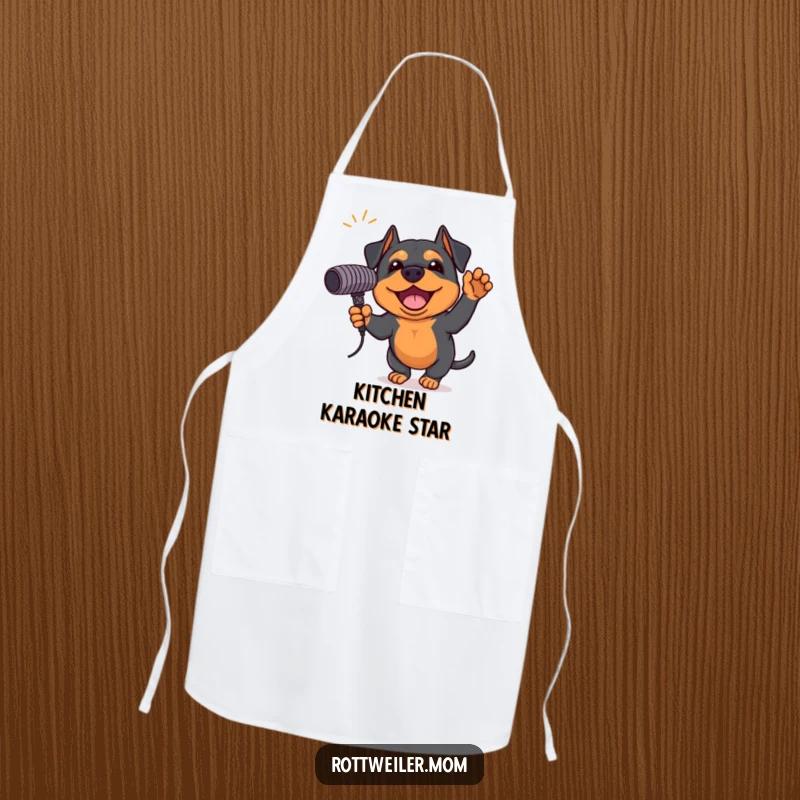 Funny Rottweiler apron showing an excited dog holding a giant microphone, ready to sing while cooking, perfect for a musical chef.
