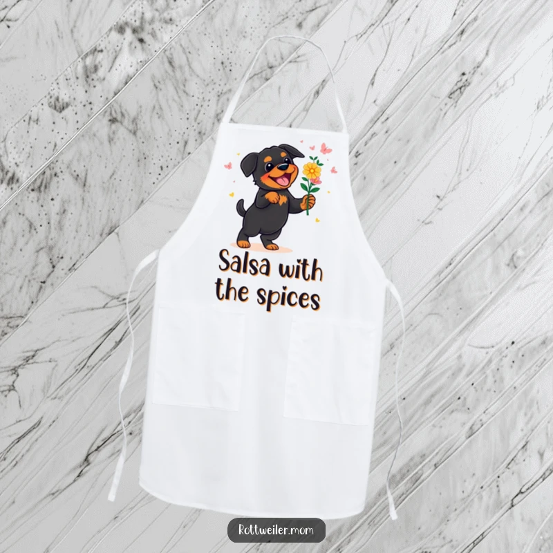 Funny Rottweiler Apron: A rottweiler dances with a flower bouquet while wearing a chef's hat, adding humor to cooking tasks.