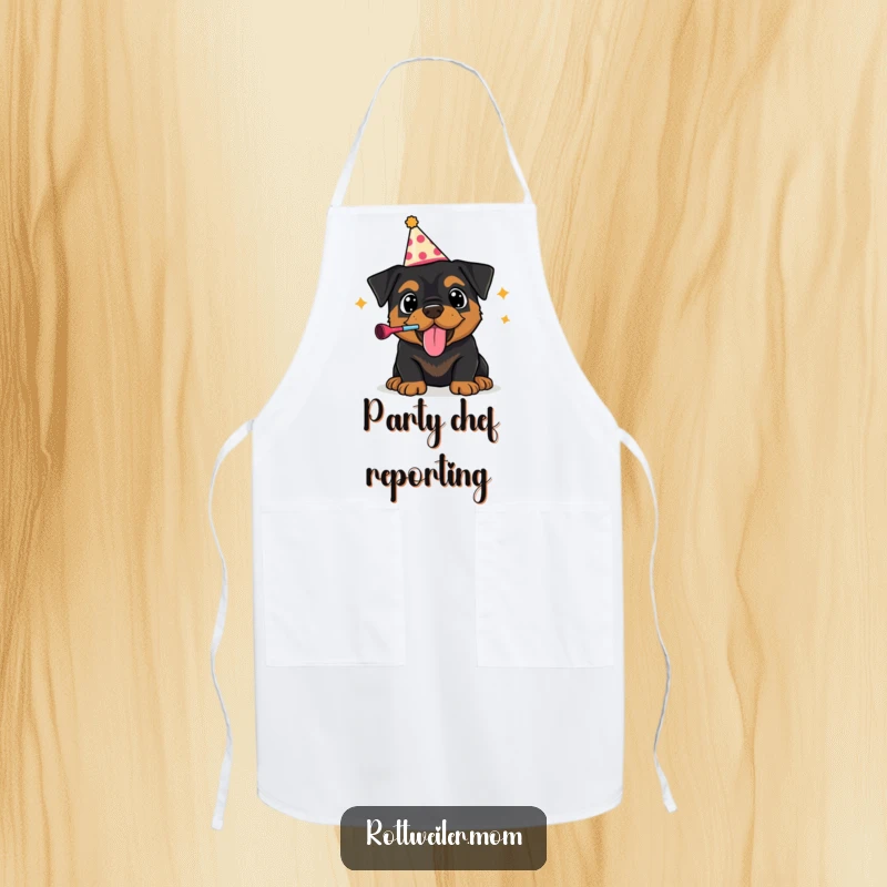 Funny apron with a Rottweiler puppy wearing a party hat, exuberantly blowing a noisemaker, perfect for festive kitchen fun.