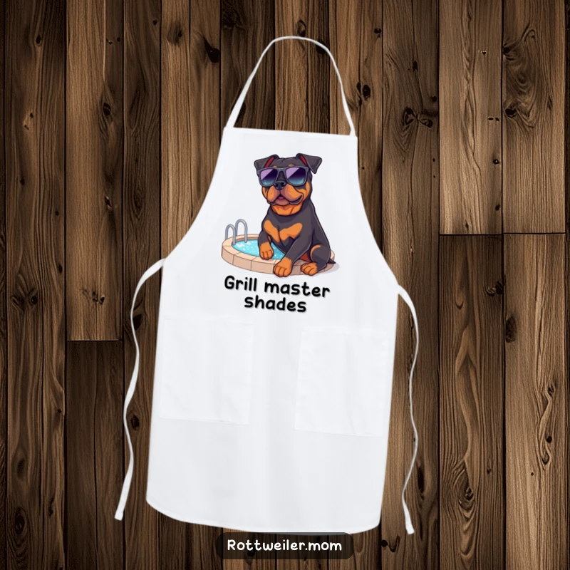 Funny Rottweiler Poolside Apron: A cool apron with a rottweiler in sunglasses by a pool, perfect for summer.