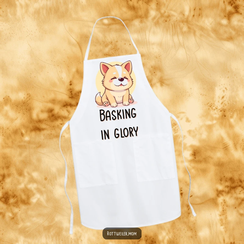 Funny Stocky Dog Apron, depicting a contented sigh from a dog basking in a warm sunbeam, perfect for a relaxing cooking experience.