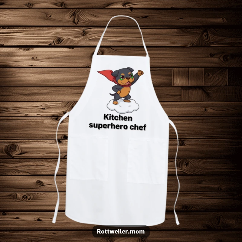 Funny apron showing a Rottweiler striking a superhero pose on a tiny cloud, ready for kitchen battles.