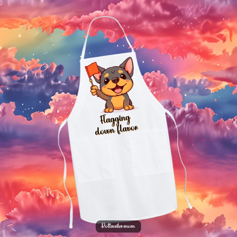 Funny Rottweiler Apron: A rottweiler enthusiastically waving a tiny flag, adding humor to kitchen activities.