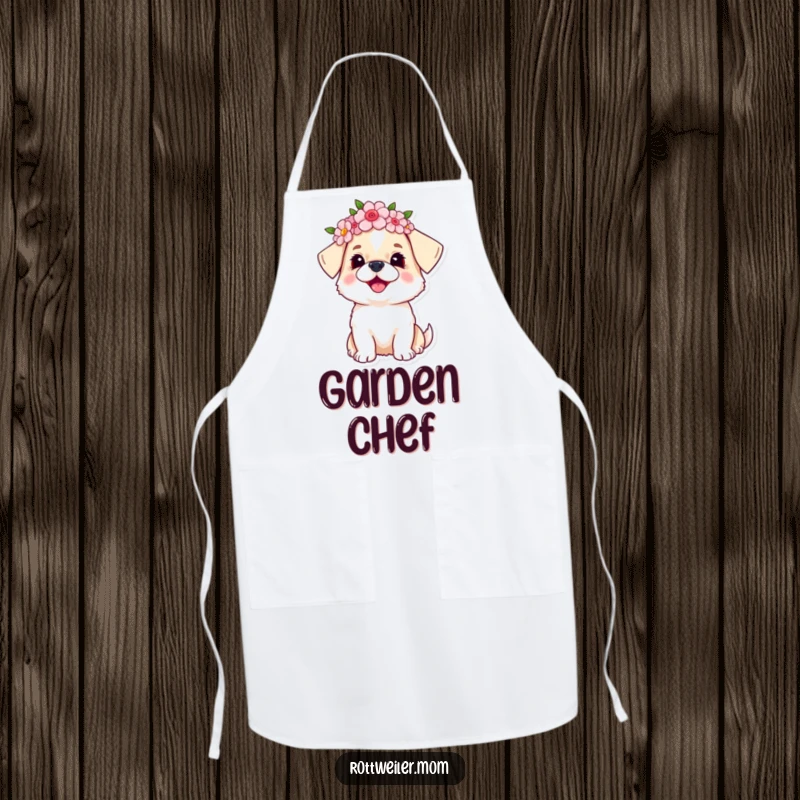 Funny dog apron showing a small dog wearing a flower crown, looking joyfully upwards towards the sky while preparing food.