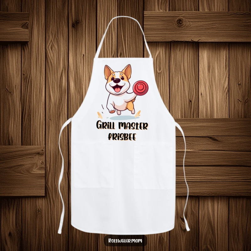 Funny apron featuring a stocky dog with alert ears, energetically chasing a frisbee with exhilarating focus and determination.