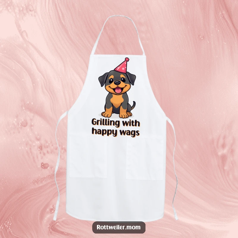Funny kawaii Rottweiler apron, a joyful dog chef wagging its tail in a party hat. Great for festive cooking.