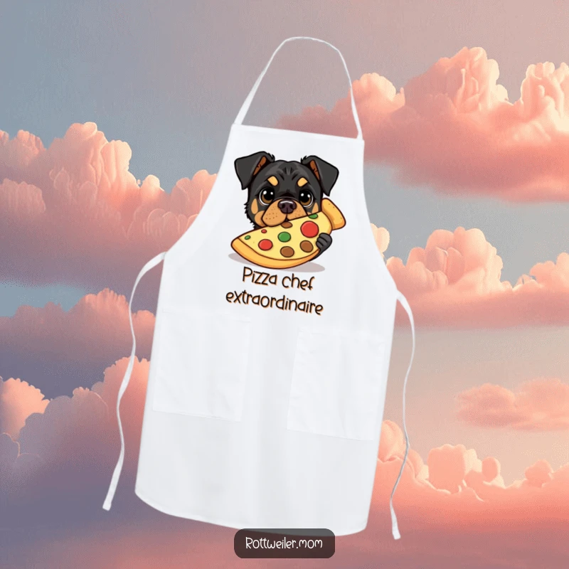 Funny apron with a Rottweiler peeking out from behind a giant pizza slice with wide, pleading eyes.