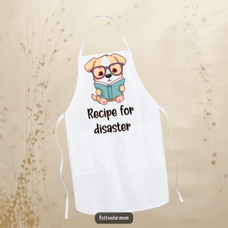 Funny dog apron, a dog wearing oversized glasses reading a book, suitable for chefs and home cooks.
