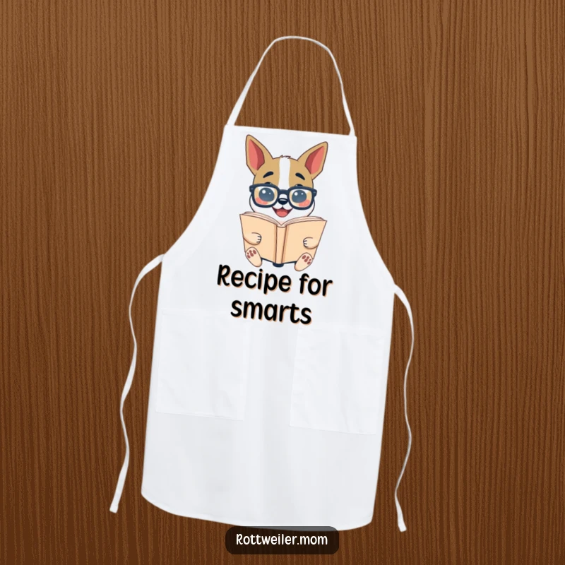 Funny Bookworm Dog Apron: Dog in glasses reads a giant book, a humorous and practical kitchen accessory.