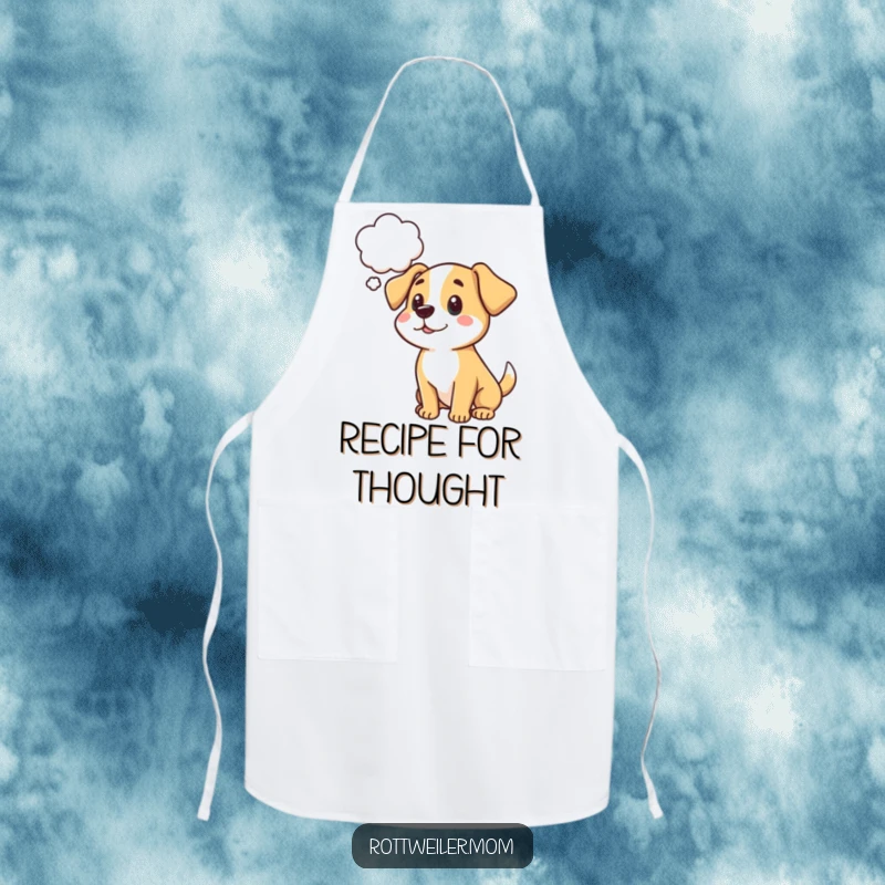 Funny cartoon dog apron with a thought bubble, suitable for chefs and bakers who ponder their next creation.