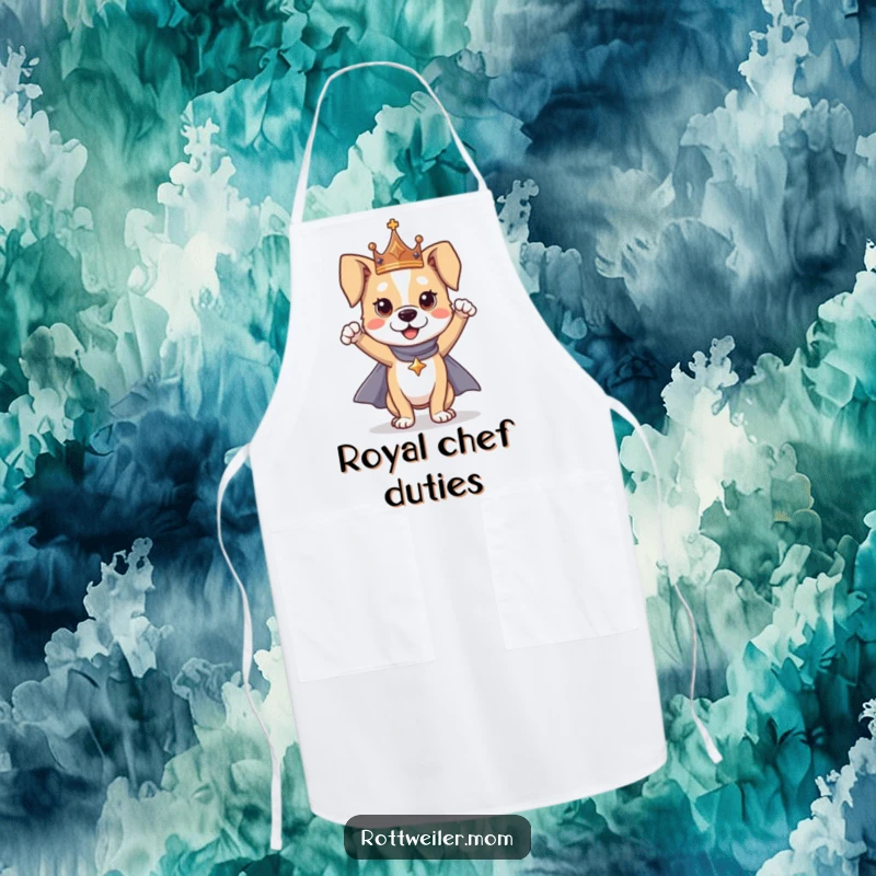 Funny dog apron showing a dog wearing a crown and cape in a heroic pose, ideal for cooking with a touch of regal humor.