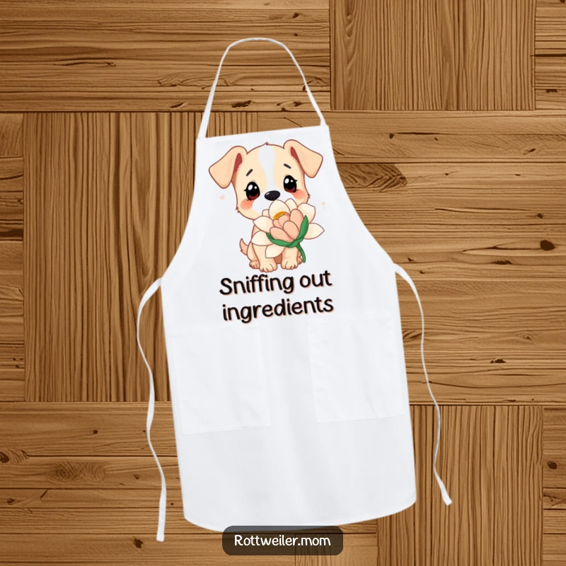 Funny dog apron showing a dog with curious eyes sniffing a giant flower, perfect for kitchen use and adding botanical humor.