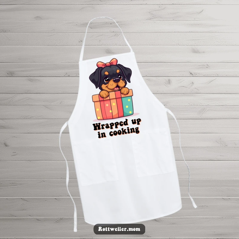 Funny Rottweiler Gift Box Apron: A festive apron with a rottweiler and a gift box, ideal for parties.