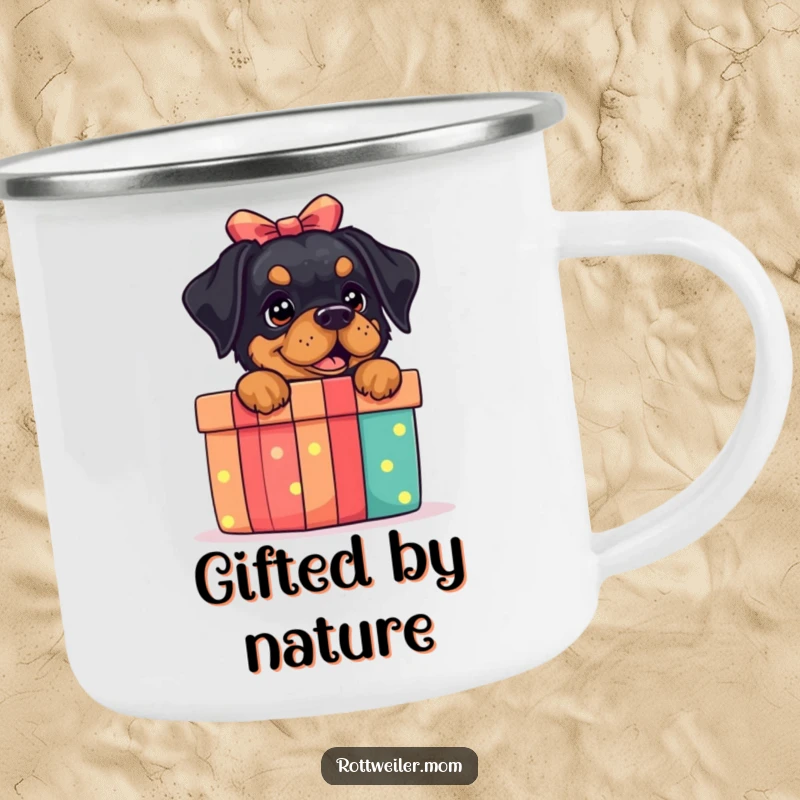 Funny Rottweiler Gift Box Camping Mug: A camping mug with a rottweiler peeking from a gift box, for outdoor fun.