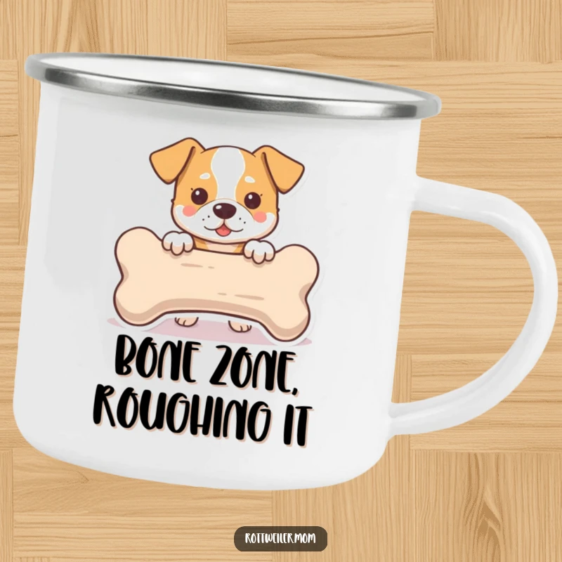 Funny Camping Mug: A dog peeking from behind a large bone, perfect for sipping drinks around the campfire with a smile.