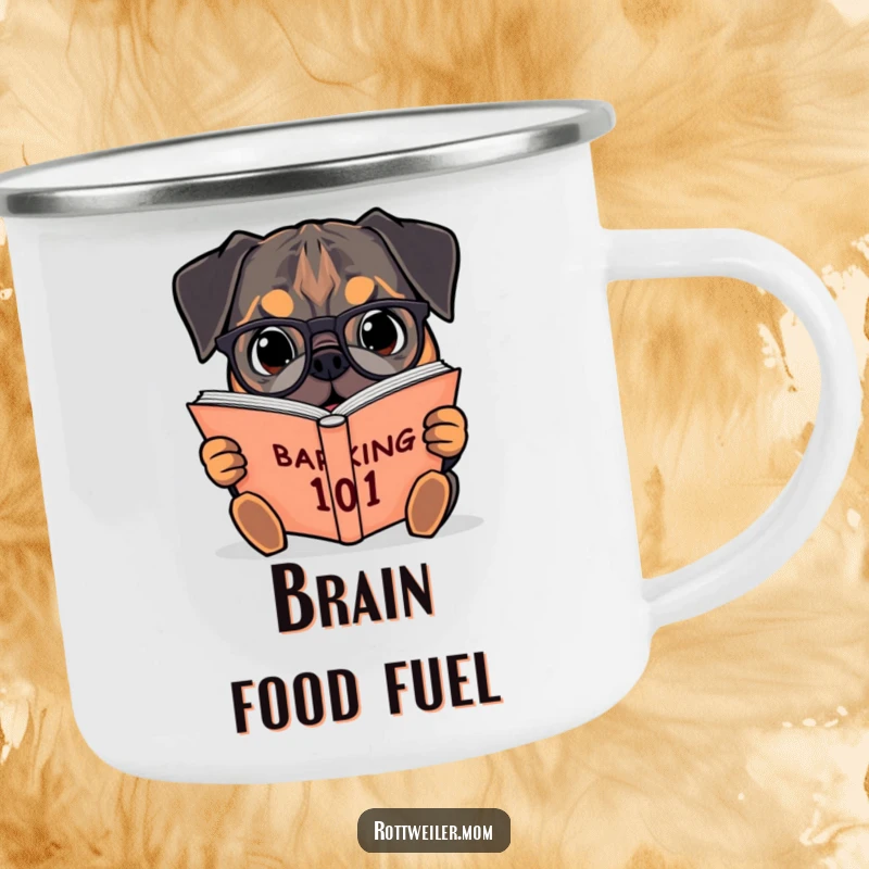 Funny camping mug with a bespectacled Rottweiler engrossed in reading a huge book titled Barking 101, ideal for outdoor use.