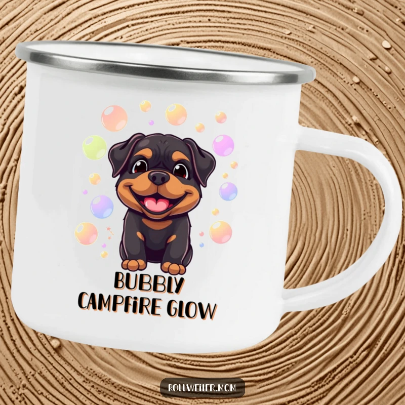 Funny camping mug featuring a smiling Rottweiler surrounded by floating, colorful bubbles, perfect for outdoor sips with cheerful charm.