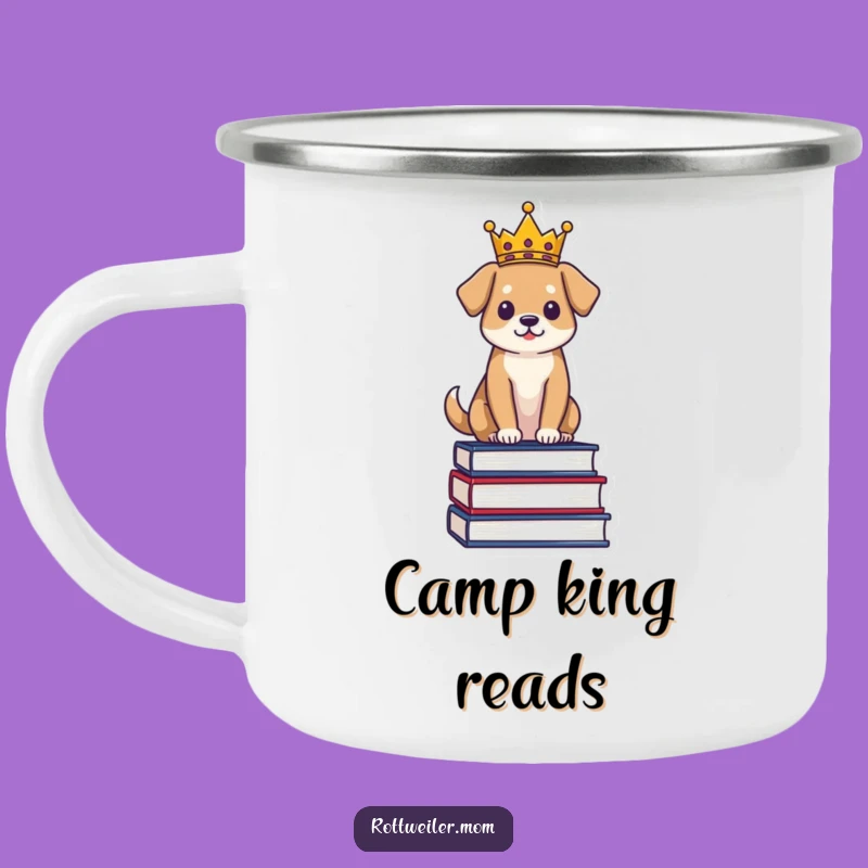 Funny Regal Dog Camping Mug: Crowned Pup on Books - Majestic Outdoor Sips