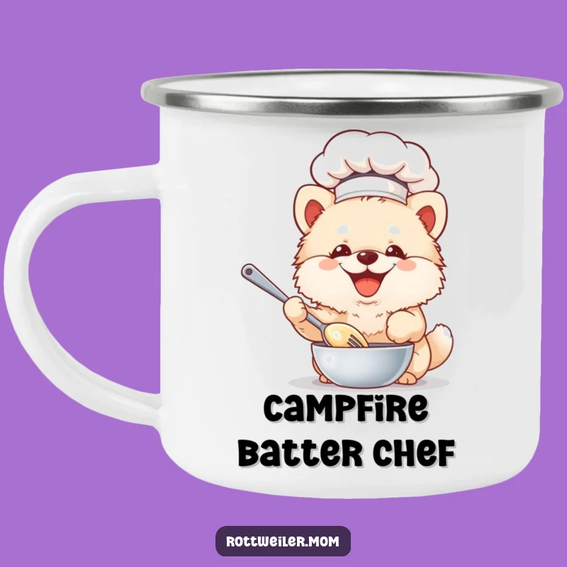 Funny Chef Dog Camping Mug: Fluffy Pup Whisking Batter - Rugged & Humorous Outdoor Gear