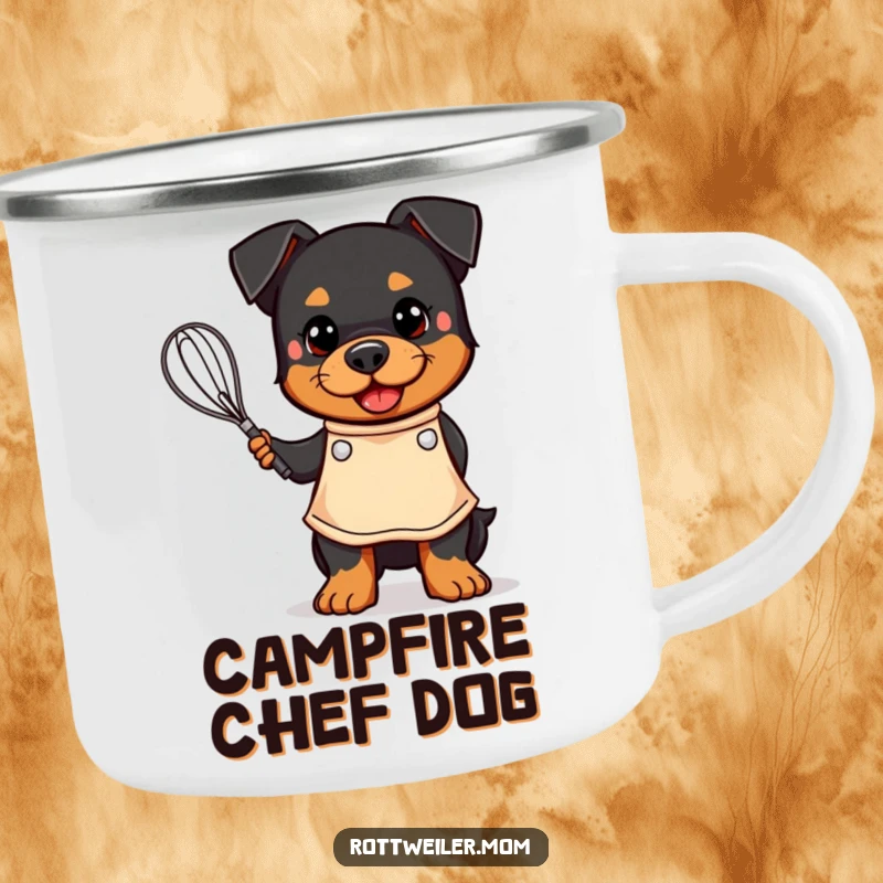 Funny camping mug: a kawaii Rottweiler wearing an apron and holding a whisk, perfect for outdoor baking enthusiasts.