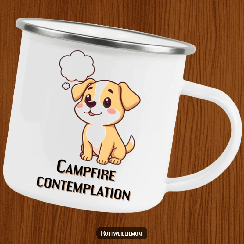 Funny cartoon dog camping mug with a thought bubble, ideal for outdoor enthusiasts and ponderers.