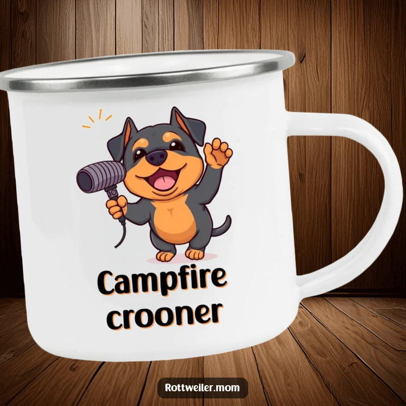 Funny Rottweiler camping mug featuring an excited dog holding a giant microphone, ready to perform outdoors, durable and humorous.