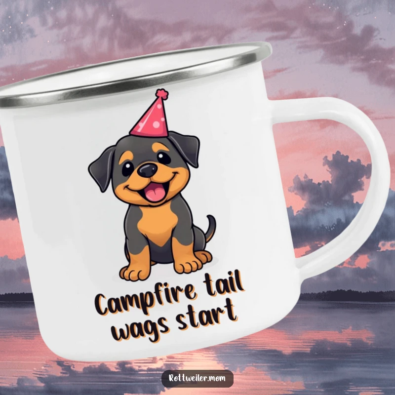 Funny kawaii Rottweiler camping mug, a sturdy mug with a happy dog wagging its tail in a party hat. For outdoor parties.