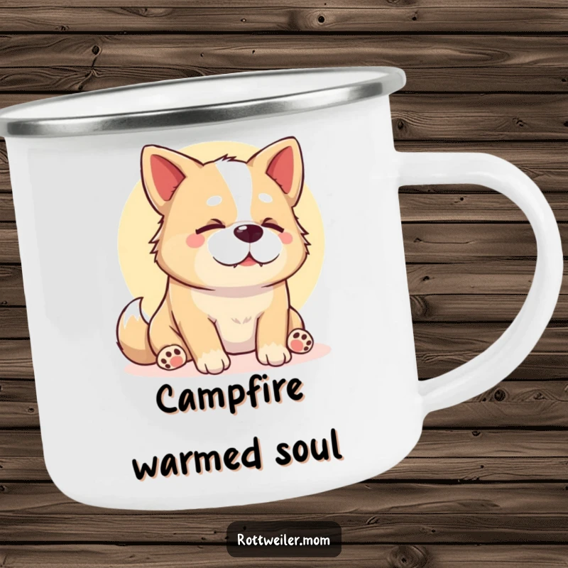 Funny Stocky Dog Camping Mug, depicting a content dog sighing in a sunbeam, perfect for enjoying peaceful moments outdoors.