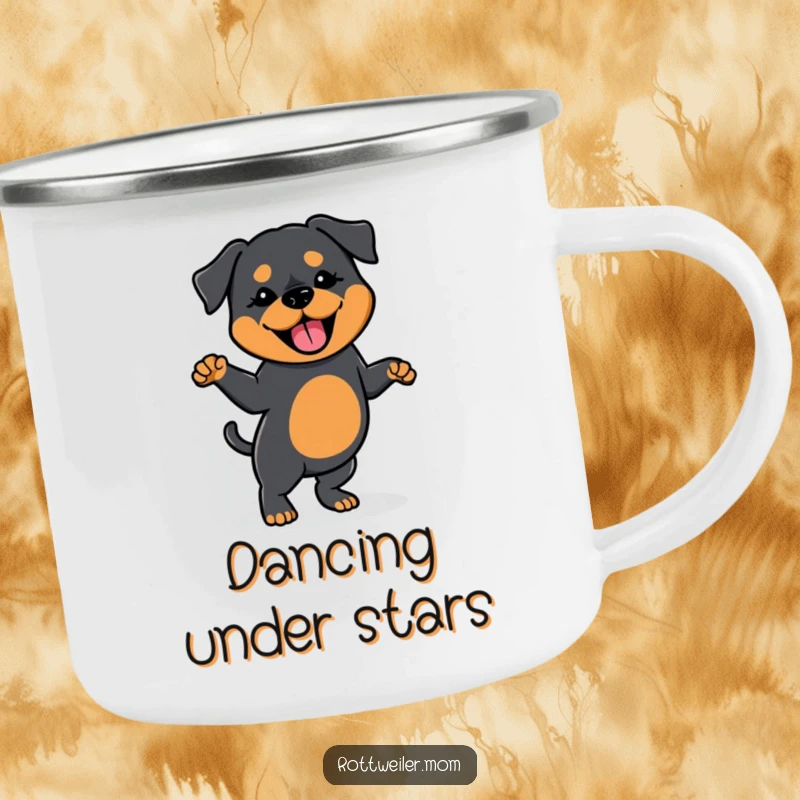 Funny camping mug featuring a Kawaii Rottweiler doing a silly dance with a wagging tail, perfect for outdoor sips with canine charm.