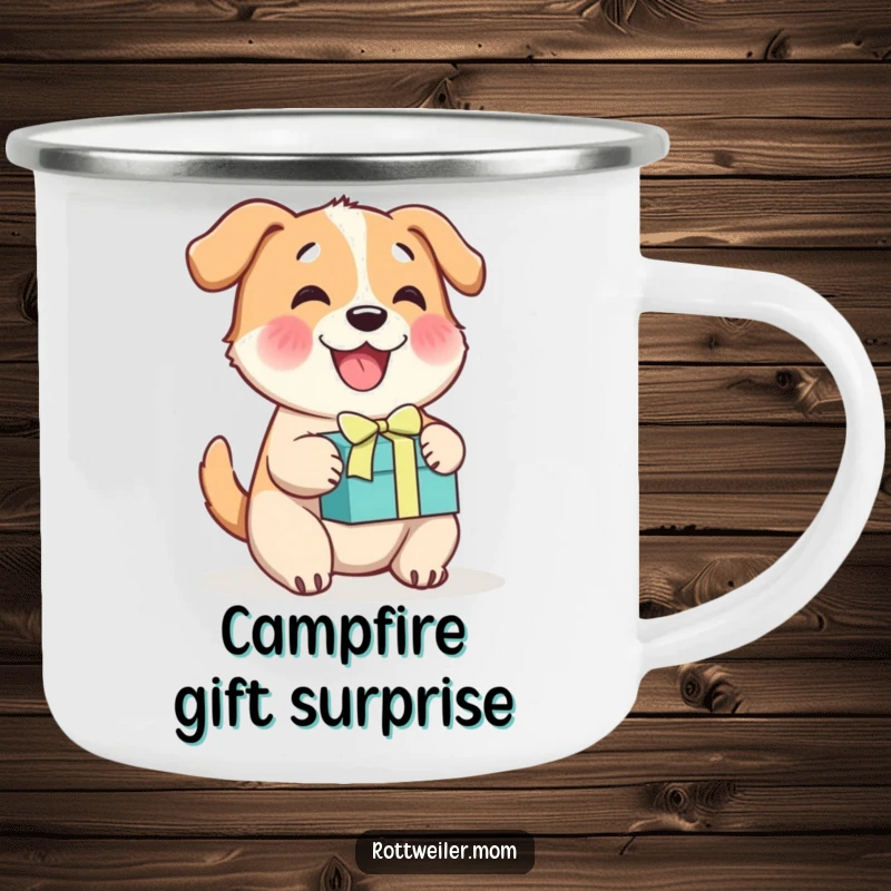 Funny cheerful dog camping mug, a happy dog wagging its tail enthusiastically with a gift box, ready for adventure.