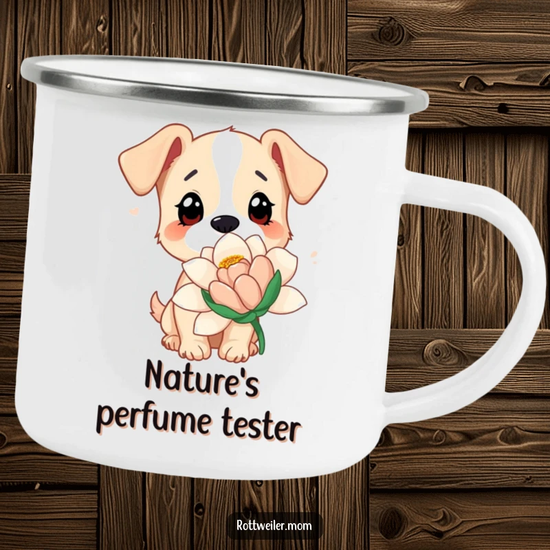 Funny dog flower camping mug showing a dog with curious eyes sniffing a giant flower, durable and perfect for outdoor use.