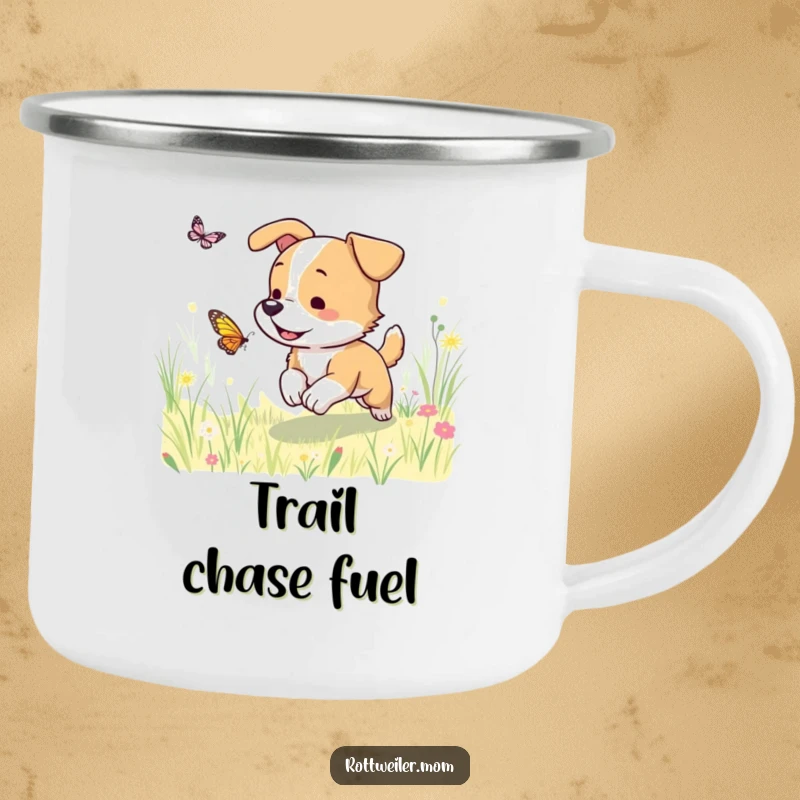 Funny dog camping mug depicting a dog chasing a butterfly in a meadow, durable and perfect for outdoor use.