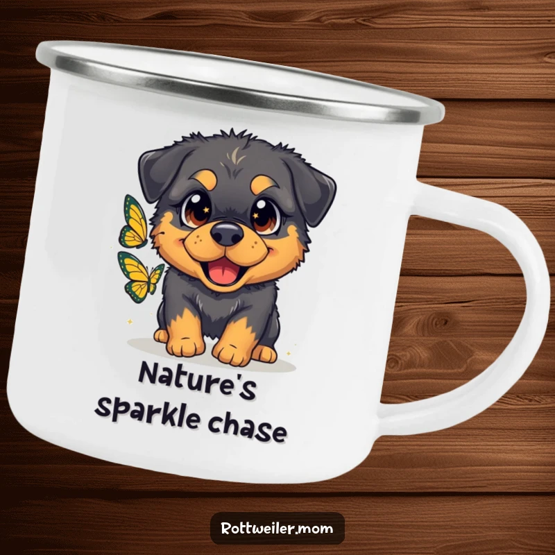 Funny camping mug featuring a fluffy Rottweiler with oversized, sparkling eyes gleefully chasing a butterfly, perfect for outdoor fun.