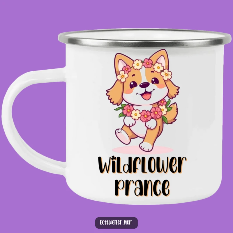 Funny Happy Dog Camping Mug: Flower Garland Pup Prancing - Joyful Outdoor Companion