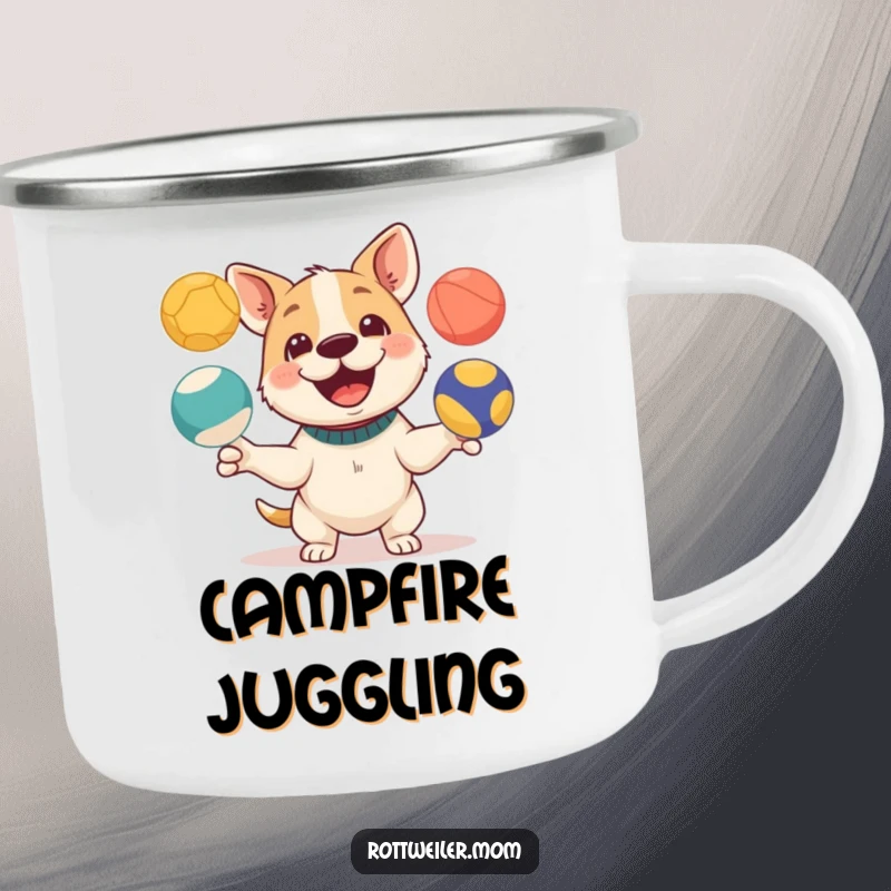 Funny camping mug of a playful dog juggling three colorful balls, perfect for enjoying drinks outdoors.